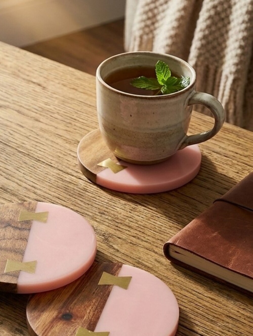 Crofton cute 4x4 Acacia wood and pink resin coaster set *new